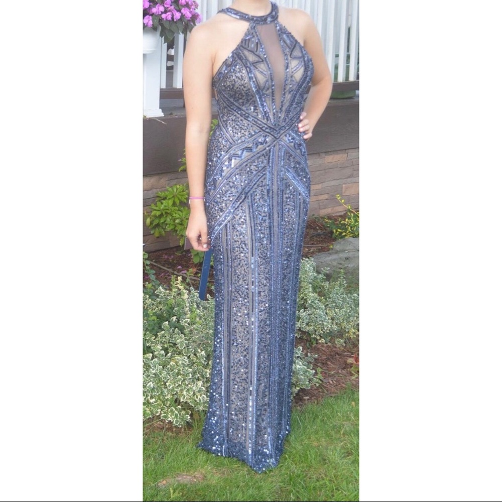 Scala Sparkle and Sequined Navy Blue Prom Dress